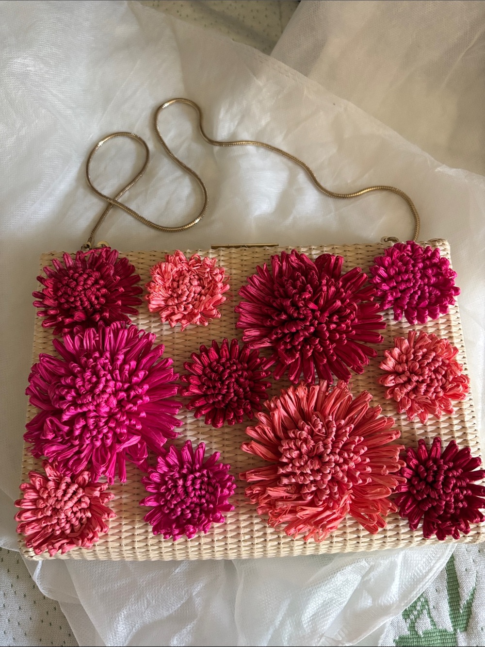 kate spade Woven Straw Clutch with Pink & Coral Floral Appliqués